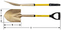 Horizontal image of a yellow-handled, short D-grip handled shovel with a round point blade from two different angles. The first angle is a side view, and the second one is a top view.  AMPCO is written on the yellow handle, just above the blade neck.